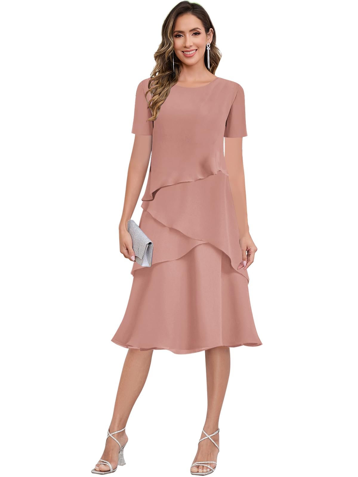 JAEDEN Damen Brautmutterkleider Lang Chiffon Formal Hochzeitsgast Kleid mit Ärmel Knielang