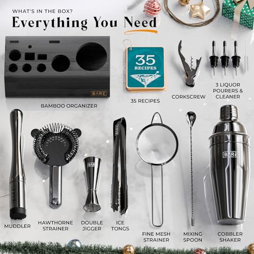 BARE BARREL® Mixology Bartender Kit Bar Set | 14-Piece Cocktail Shaker Set | Martini Barware Mixing Tools for Home Bartending | Incl. 35 Recipe Cards | Gift Set (24oz Cobbler Shaker, Jet Black/Black) - Image 6