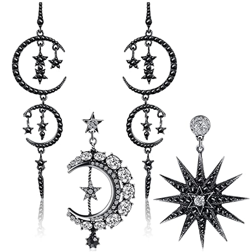 2 Pairs Goth Earrings Moon Drop Earrings Sun Star Earring Rhinestone Punk Earrings Vintage Long Drop Dangle Stud for Women
