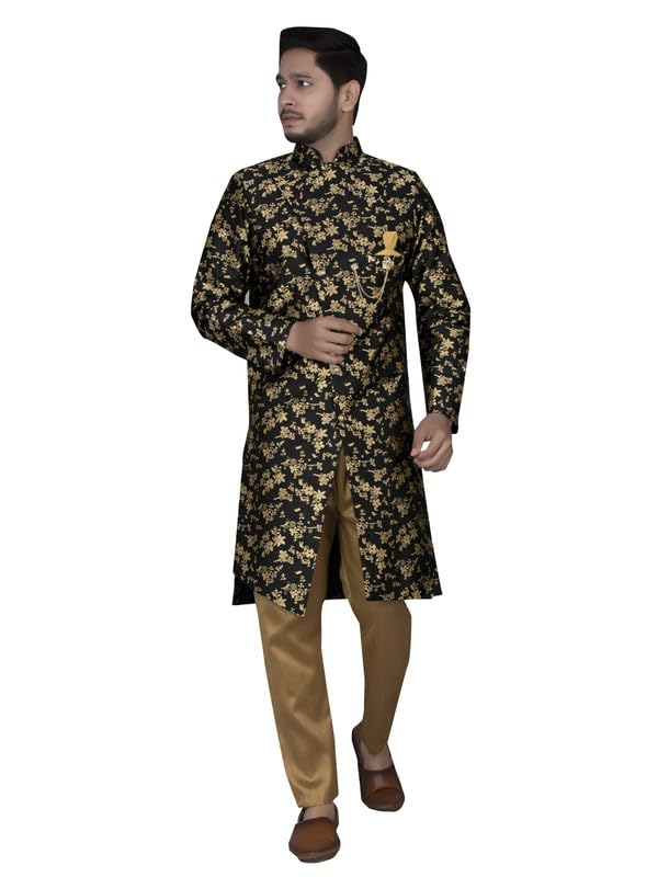 amzira Men's Indo Western Sherwani Set with Traditional Heavy Jacquard Mandarin Collar Long Sleeve and Solid Cotton Elastic Waistband Closure Pjyama-picture-20
