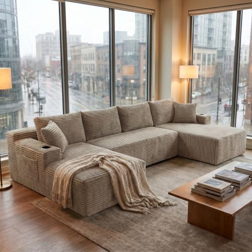 125" U-Shaped Modular Sectional Sofa, Corduroy Boneless Couch, Camel