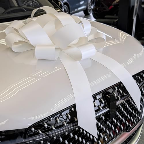 Image of CarBowz Big Car Bow for Decorations and Birthday Gifts, Large Ribbon, Magnet, Safe Sticker Included, Fully Assembled 30 inch Wide Huge Bow, No Suction Cup Needed (White)