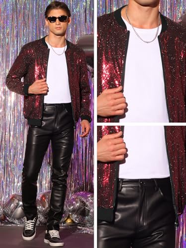 Lars Amadeus Sequin Varsity Jacket for Men's Zip Up Long Sleeves Party Disco Sparkle Bomber Jacket4