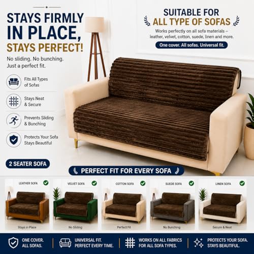 Image of Homerz Premium Rabbit Fur Sofa Cover with Anti-Skid Backing, Soft Plush Fabric Sofa Protector for Living Room Furniture (Brown, 2 Seater, Seat Cover with Backrest)