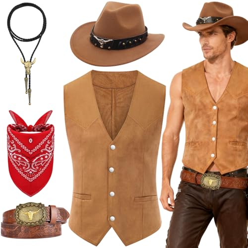 Saier tbo 5Pcs Western Cowboy Fancy Dress Mens Cowboy Outfits Set with Waistcoat Wide Brim Hat Belt Paisley Bandanna Bull Head Necklace Wild Western Accessories for Adult Cosplay (XL)