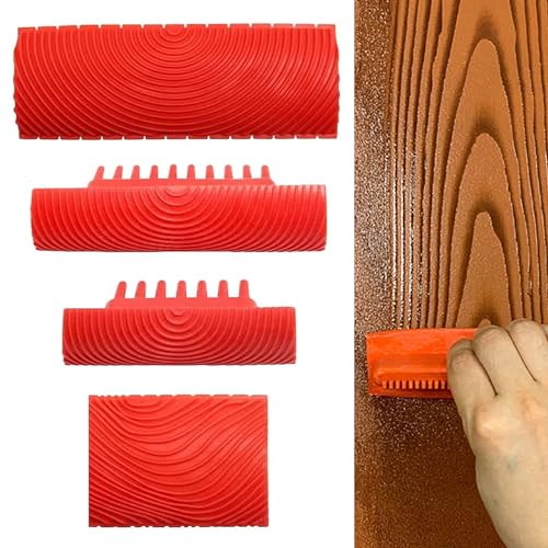 thirei Holzmaserung Werkzeug, 4 Stück Gummi Malwerkzeug für Wanddekoration, für DIY-Wanddekorationen, Rot
