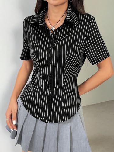 Image of Aahwan White Solid Button-Down Striped Print Casual Short Sleeve Shirt for Women's & Girl's