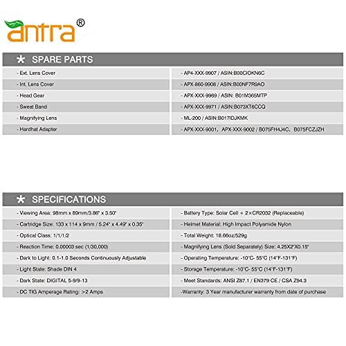 Antra True Color Auto Darkening Welding Helmet Wide Shade Range 4/7-13 Solar Power Ah7-220-0000 Tig, Mig/Mag, Mma, Grinding 6+1 Extra Lens Covers #TOP7