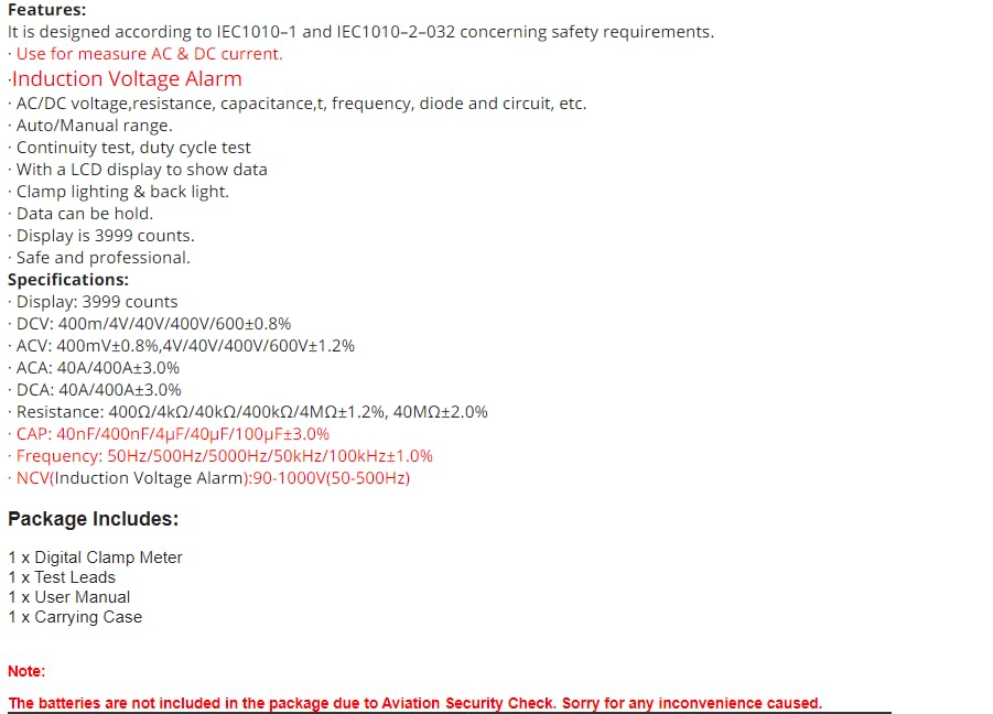 Digital Multimeter 400A ClampMeter ACM03PLUS Capacitance Frequency Tester Induction Voltage Alarm, blue black