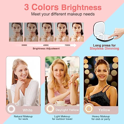 Hsdjlxz Led Lighted Compact Mirror 1X/10X Magnifying Travel Makeup Mirror With Light Usb Rechargeable 3 Colors Brightness Dimmable Small Handheld 2-Sided Mirror Portable Folding For Pocket #TOP2