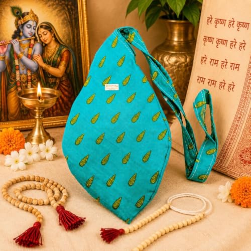 Image of Original Pure Cotton Gomukhi Japa Mala Bag /Chanting Bag or Beads Bag /Jholi /Thole with Zip Pocket and Sakshi Mala Counter (Turquoise Blue)