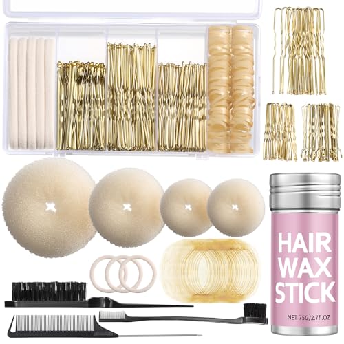 Yogode Complete Hair Bun Maker Kit-Donut Bun Maker Strong Hair Wax Stick Hair Nets and Bobby Pins Blonde