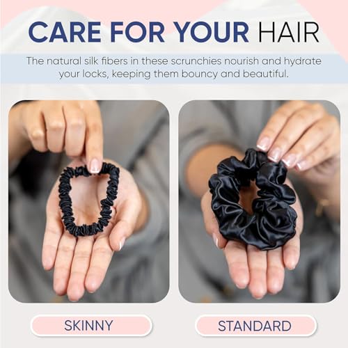 Image of Blissy Silk Scrunchies (3 Pack) - 100% Pure Mulberry Silk - 22 Momme 6A High-Grade Fibers Scrunchie for Straight & Curly Hair (Black /Gold /Pink, Skinny)
