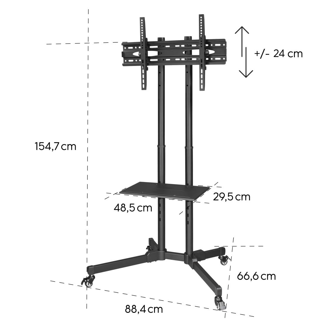 Hama Soporte TV Trolley con Ruedas, hasta 75", Altura Ajustable, Negro