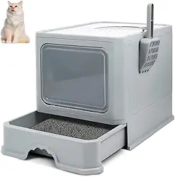 Caixa de Areia para Gatos, 50x40x40CM, Cinza, Fechada, Grande Capacidade, Porta Transparente de Abertura Dupla