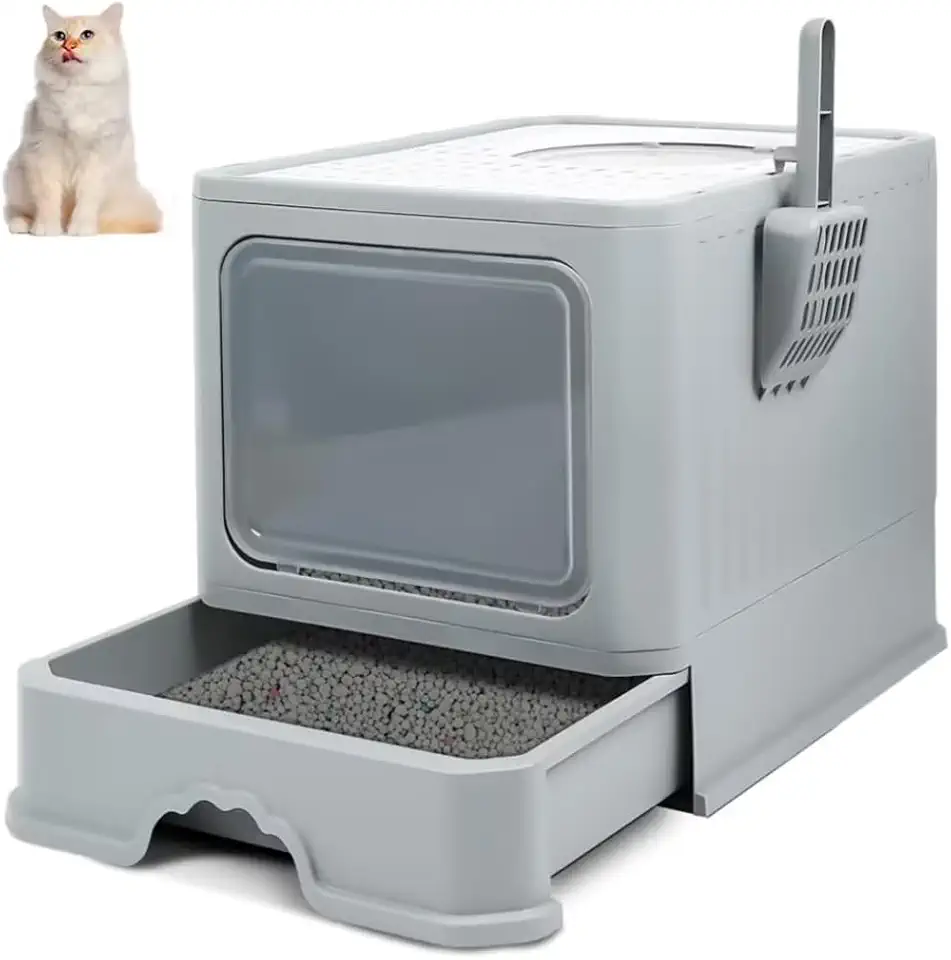 Caixa de Areia para Gatos, 50x40x40CM, Cinza, Fechada, Grande Capacidade, Porta Transparente de Abertura Dupla
