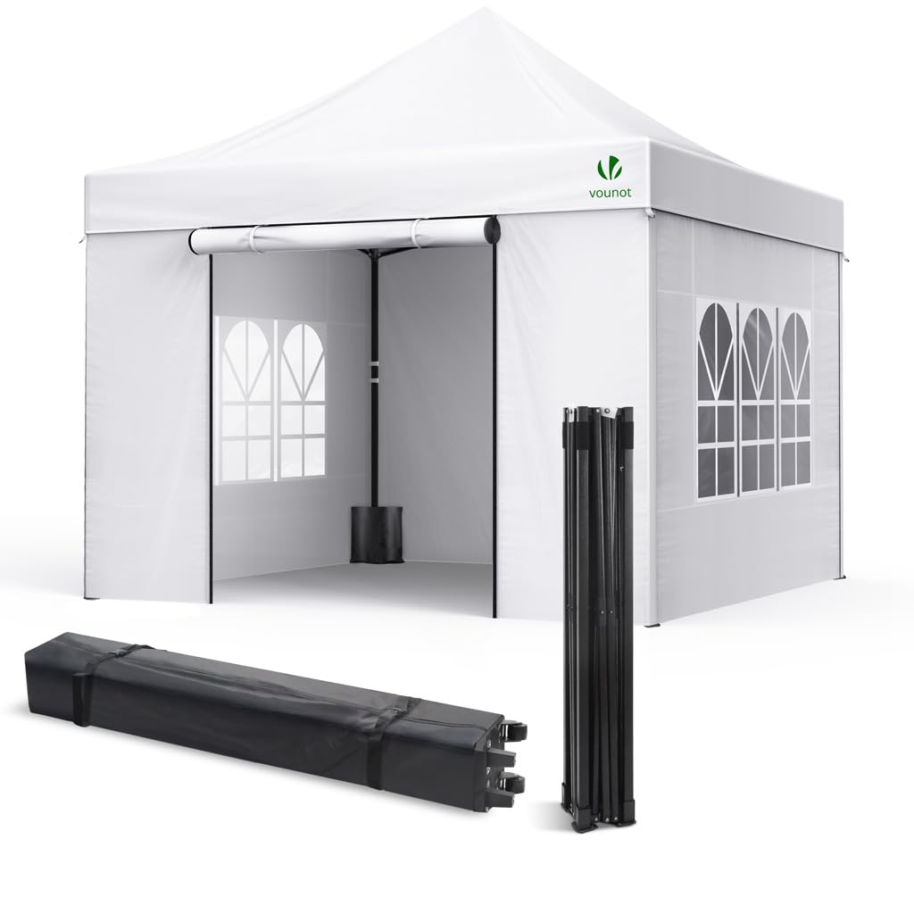VOUNOT® Gazebo 3x3m Pieghevole con 4 Parti Laterali, Gazebo da Giardino Tenda Padiglione Pop up con 4 Sacchi di Sabbia di Peso e Sacca di Trasporto, Bianco