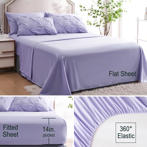 Ubauba 7pc King Size Comforter Set with Sheets, All Season Pintuck 7 Piece Bedding Sets Light Purple, Pinch Pleating Bed in a Bag Set with Comforters (Lavender,King)
