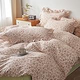 HighBuy Ruffle Lace Comforter Set Queen Pink Floral Bedding Comforter Set Queen for Teen Girl Pink Floral Comforter Set for Queen Bed,Smooth Soft Boho Floral Queen Comforter Set with 2 Pillowcases