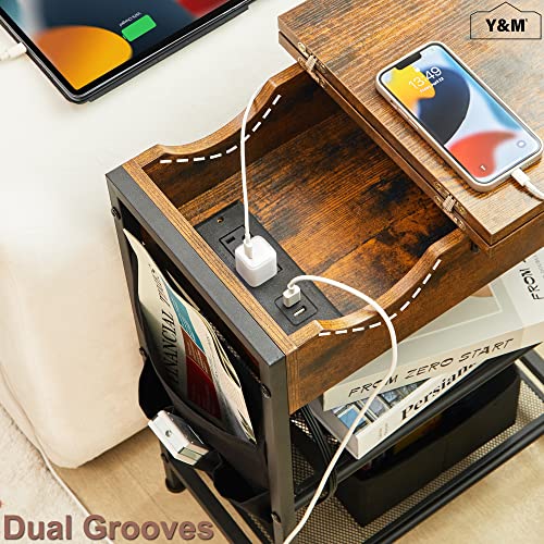 Y&M End Table With Charging Station, Narrow Flip Top Side Table With Usb Ports And Outlets, Bedside Table With Storage Shelf For Small Spaces, Nightstand Sofa Table For Living Room Bedroom - Brown #TOP6