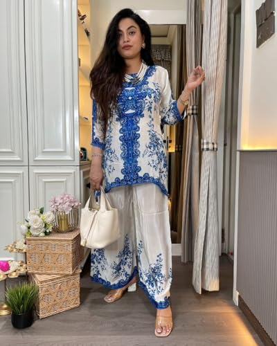 Image of GoSriKi Women Rayon Viscose Straight Printed Kurta with Palazzo | Two Piece Ethnic Kurta Palazzo Set for Women | Indian Traditional Dress |Printed Kurti with Bottom for Ladies