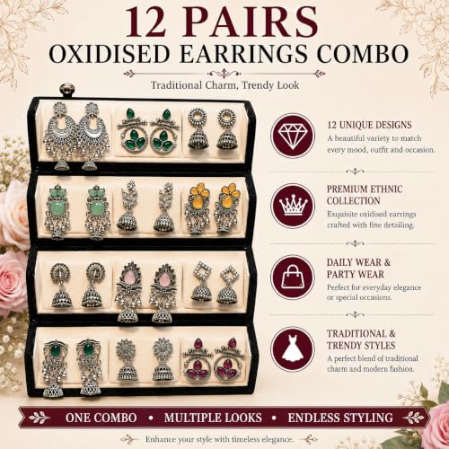 Image of Oxidised Silver Plated Earrings Combo Set With Box for Women & Girls | 12 Pair Traditional Jhumka Chandbali Stone Studded Boho Ethnic Earrings Collection | Daily Wear Party Wedding Jewellery
