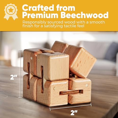 Image of BunMo Wooden Fidget Cube - Beechwood Infinity Cube Fidget Toy, Larger One Pack - Smooth Folding Pocket Fidget, Natural Wood Sensory Cube for Desk or Travel