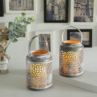 JHY DESIGN Set of 2 Metal Candle Holder with Flameless LED Candles 17cm Tall Decorative Candle Lantern Vintage Hanging Candle Stick Holders for Home Balcony Garden Wedding Party Indoor Outdoor(Grey)