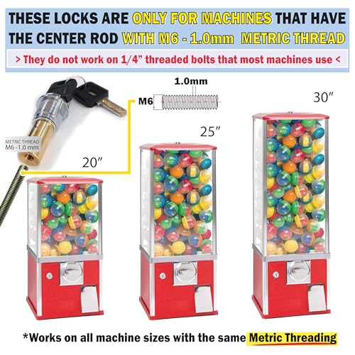 Image of Gumball Machine Lock and Key - Top Lid Lock & Key for Gumball Vending Machine with Metric Thread M6-1.0 mm Center Rod. 2in Capsule Machine & Candy Machines - Replacement Part - (2pc-Flat Key Auk 1)