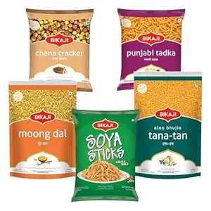 Bikaji Snacks Combo – SOYA STICKS & TANA-TAN (Aloo Bhujia) & Moong Dal & PUNJABI TADKA & ROASTED CHANA CRACKER | 5 Pack Variety | Bar Snacks, Party Mix & Tea-Time Treats – 1 Kg
