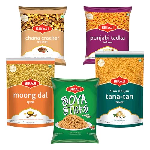 Bikaji Snacks Combo – SOYA STICKS & TANA-TAN (Aloo Bhujia) & Moong Dal & PUNJABI TADKA & ROASTED CHANA CRACKER | 5 Pack Variety | Bar Snacks, Party Mix & Tea-Time Treats – 1 Kg