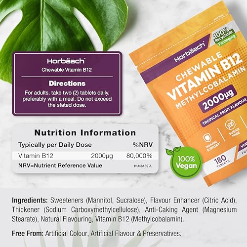 Vitamin B12 Tablets High Strength 2000ug | 180 Chewable Tablets | Tropical Fruit Flavour | Sugar Free Vegan Methylcobalamin Supplement | by Horbaach Vitamin B12 Tablets High Strength 2000ug | 180 Chewable Tablets | Tropical Fruit Flavour | Sugar Free Vegan Methylcobalamin Supplement | by Horbaach