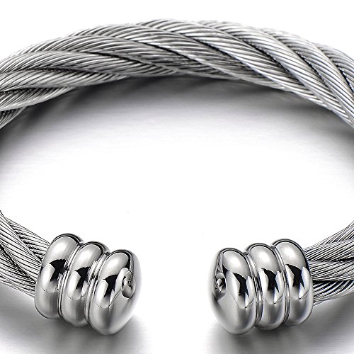 COOLSTEELANDBEYOND Large Elastic Adjustable Steel Twisted Wire Cuff Bangle Bracelet for Men Women2