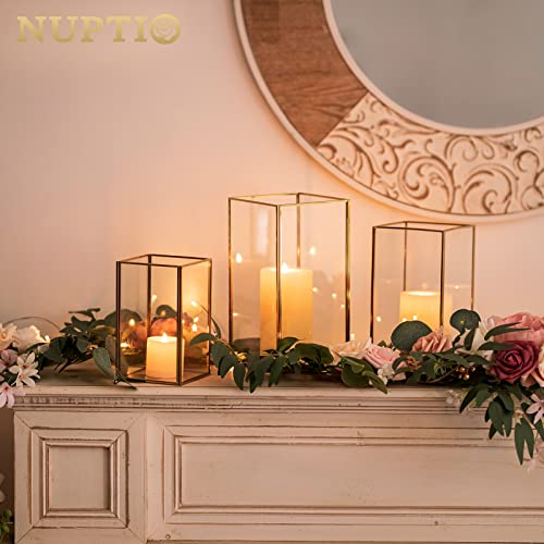 Nuptio Portavelas de Vidrio – 18 Piezas Faroles Decorativos para Velas de Pilar, Portavelas de Vidrio Templado para Boda Navidad Halloween Salón Chimenea Decoración del Hogar Oro