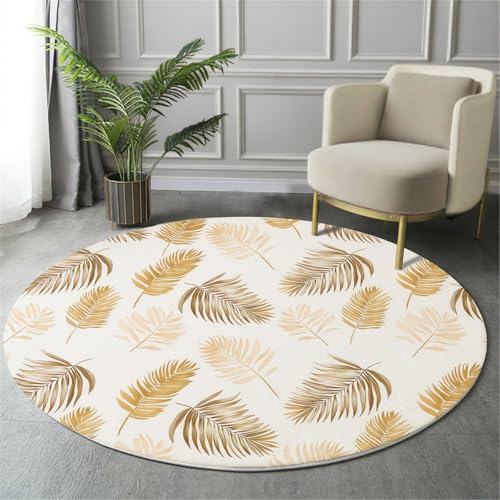 Alfombra Redonda Beige para Salon 90cm, Alfombra con Estampado Hojas De Palma Dorada Lavable, Antideslizante Hojas Tropicales De Acuarela Alfombras, para Dormitorio Cocina Comedor Balcón Interior