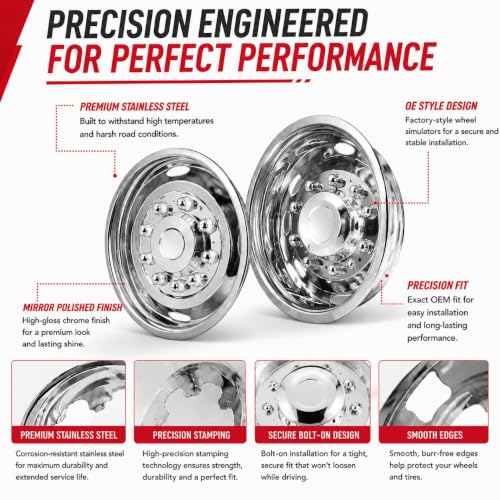 Image of 4X 19.5 Bolt On Wheel Simulators Compatible with Ford 2005-2025 F450 F550, 10 Lug 5 Hand Hole Design Front Rear Dually Hub Caps Skins Liners Rim Covers Stainless Steel Polished with Tool Kits