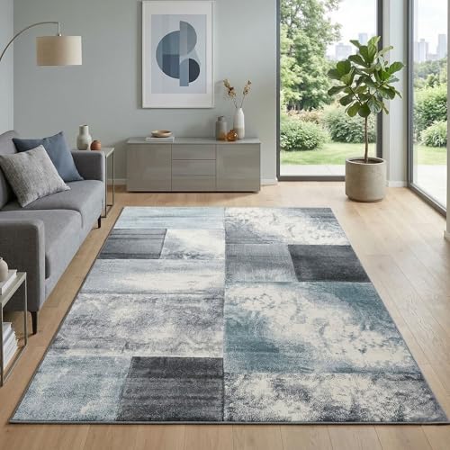 Carpetsale24 Teppich 120x170 cm Kurzflor Konturenschnitt in Blau Grau Weiß Kariertes Design, Extra Weich, Waschbar, Pflegeleicht Für Wohnzimmer, Schlafzimmer, Esszimmer