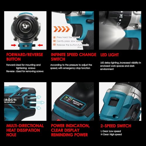 Image of KROST Pro Series 21V(37V MAX) Cordless Brushless Hammer Drill Machine,13mm Metal Chuck With 2x5.0Ah Li-ion Batteries And 1pc Fast Charger (Impact Drill)