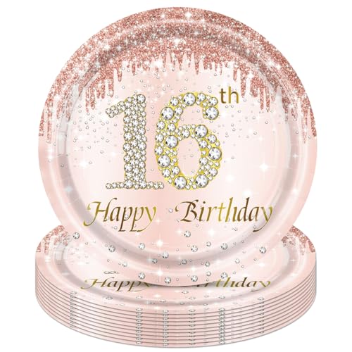 Cekivina 20Pcs 16th Birthday Plates Rose Gold 9 Inch Large Paper Plates Happy 16th Birthday Party Supplies Sweet 16 Party Plate Set for 16th Birthday Decorations for Girls