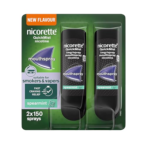 Nicorette QuickMist Mouthspray, New Spearmint Flavour (2x150 Sprays), Quit Smoking or Quit Vaping aid, Starts to Reduce Cravings in 30 Seconds, New mild Mint Flavour (Quit Smoking or Quit Vaping aid)
