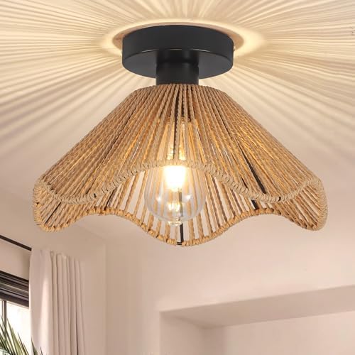 Boho Rattan Ceiling Light Fixture, Mini Rattan Chandelier Lightin...