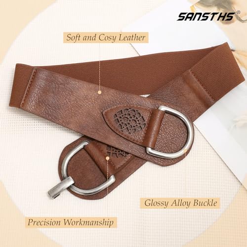 SANSTHS Vintage Women Stretchy Wide Belt Chunky Buckle Elastic Wide Waist Belts for Dresses Coats