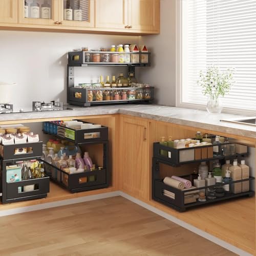 Image of 2 Packs 21IN Depth Under Sink Organizer, 2-Tier Pull Out Cabinet Organizer With Smooth Circular Rail, Large Capacity Metal Mesh Sliding Drawers For Bathroom& Kitchen Storage,Height Adjustable-Black