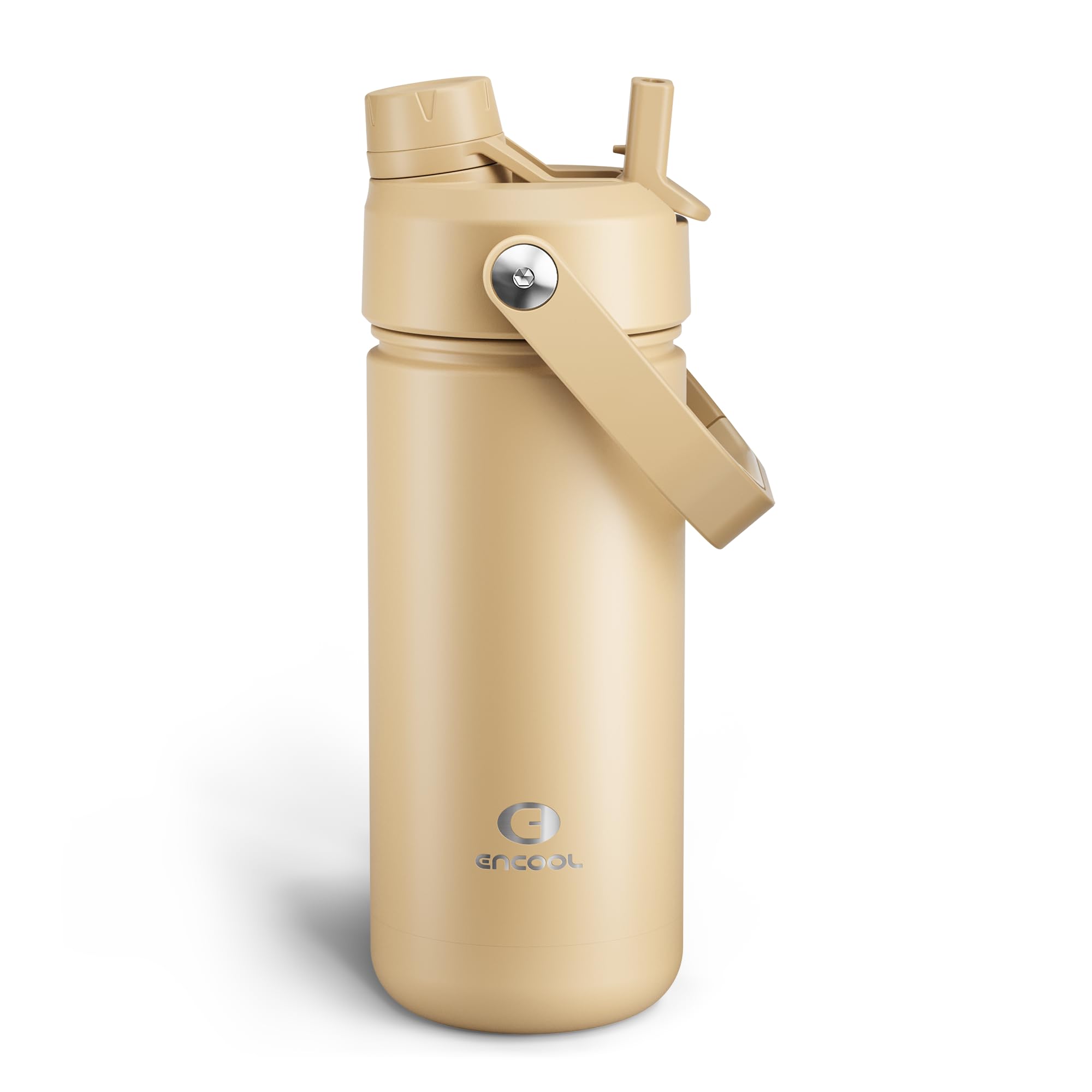 ENCOOL Insulated Water Bottle with Straw Stainless Steel Water Bottle, Leak-Proof, BPA-Free, Double Wall Vacuum Keeps Cold for 24 Hours for Sports, Travel, School (18 oz, Indian Khaki)
