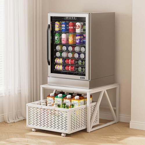 Image of 65513 Mini Fridge Stand with Storage, Heavy Duty Utility Cart with Drawer Basket,Night Table, Kitchen Trolley Mobile Fridge Stand with Swivel Wheels for Dorm,Office,Home,White
