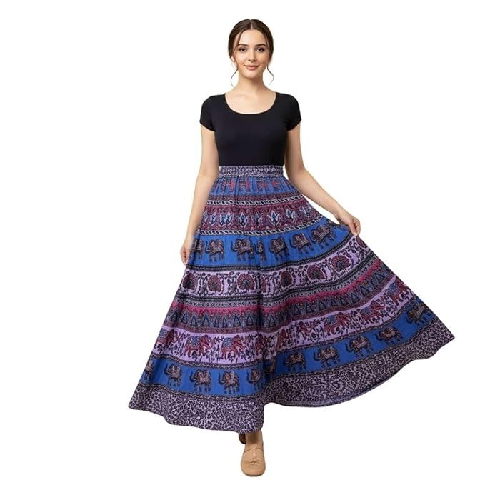 Image of HARSHITA-Enterprises Jaipuri Women's Cotton Printed Elastic Long Skirts