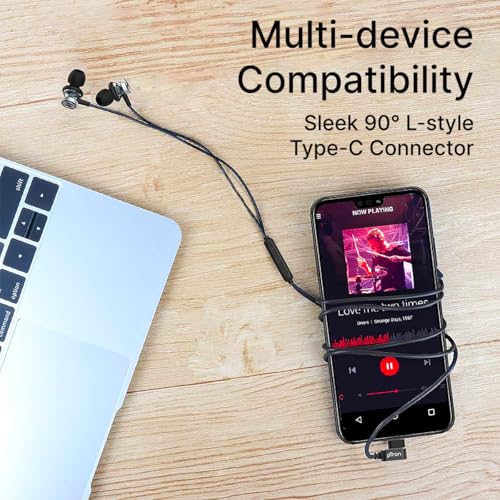 Image of pTron Boom Play X3 In-Ear Type C Wired Headphones with Mic, 10mm Drivers for Pristine Sound, In-line Controls, 90 Degree USB-C Connector, 1.2m Tangle-Free Cable, Metal Buds & Wide Compatibility(Black)