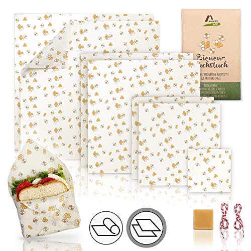Amazy Envoltorio cera de abeja natual 100% (Set de 7) | Alternativa sostenible al papel de aluminio y papel albal - Para frutas, verduras, pan, queso y otros alimentos | Rollo certificado por la LFGB.