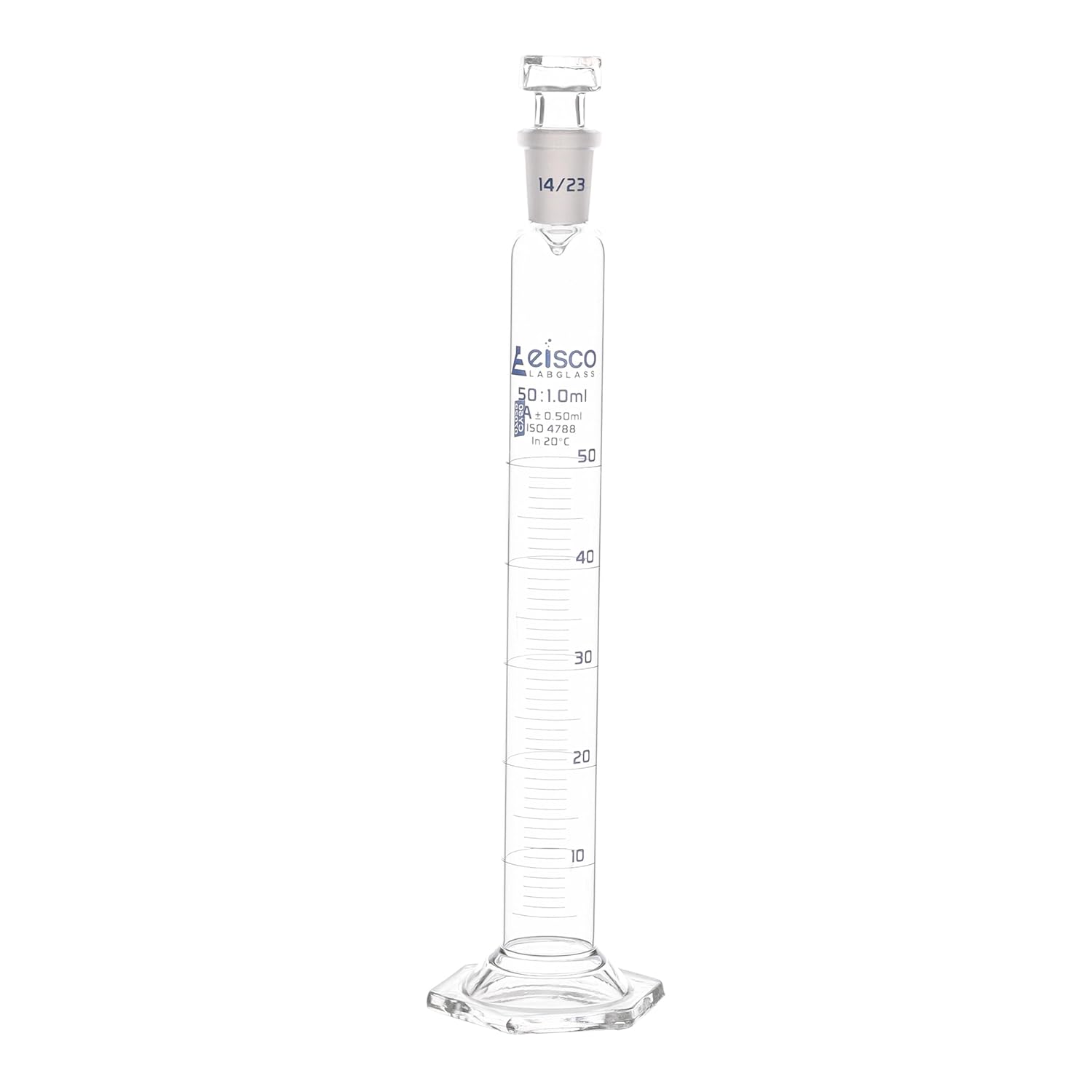 EISCO Measuring Cylinder, 50mL - Class A - 14/23 Polypropylene Stopper - Hexagonal Base, Blue Graduations - Borosilicate Glass