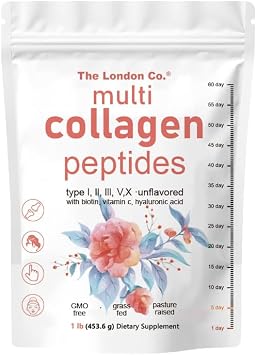 Multi Collagen Peptides, Types I II III V X, Unflavoured with Biotin and Vitamin C, 453.6g, GMO-Free